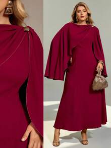 Auralis 金属扣装饰披肩袖收腰喇叭裙摆连衣裙，适合音乐会、演出、约会、正式晚宴、盛会、婚礼、情人节、派对、性感、通勤、优雅浪漫、生日派对等场合。 - 酒紅色 - 查看 1