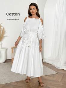 Easowa Đầm midi dáng chữ A trễ vai, khoét lỗ, xếp ly, phối bèo nhún, thắt eo, dây rút, kiểu dáng rộng rãi, thanh lịch, phù hợp cho công sở và đi nghỉ mát, mùa xuân/hè. - trắng - Xem 5