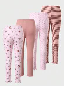 SHEIN Young Girls Leggings-Pack Of Four Floral Polka Dot Striped Solid Pink Mauve Ruffle Hem Elastic Waist Pull On Leggings Only No Top Included All Season Holiday 2026 Essentials Everyday Cozy Casual Playdate Sleepwear - Pink - View 2