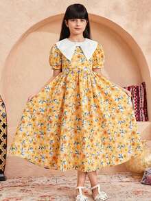 SHEIN 少女休闲度假碎花撞色彼得潘领连衣裙 - 黃色 - 查看 4