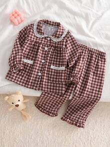 女婴睡衣 - 两件套睡衣，棕色格子蕾丝彼得潘领圆领长袖纽扣上衣，松紧腰荷叶边长裤，四季皆宜，2026年假日必备复古舒适经典可爱款 - 酒紅色 - 查看 4