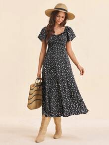 Coeurva 女士休闲浪漫优雅度假及日常穿着泡泡袖印花连衣裙，黑色连衣裙 - 黑與白 - 查看 6