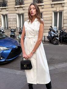 Pariaura Sleeveless White Windbreaker / Double-Breasted Tie-Waist Slimming Long Commuter Jacket - White - View 5