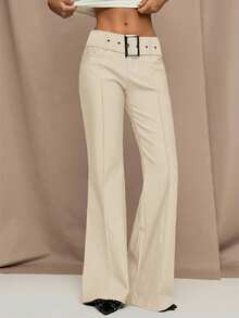 SHEIN BAE Quần nữ dáng rộng, màu trơn, kiểu dáng thường ngày. - Màu be - Xem 7