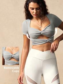 VARSIVA 女士纯色扭结镂空短袖露脐修身运动T恤 - 灰色 - 查看 10