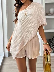 Selianne Standard Size Women's Spring/Summer Casual Loose Fit One-Shoulder Ruched Fabric Romper Jumpsuit Beige Dress Pleated Dress Cover Up Dress Asymmetrical Dress One Shoulder Dress - Champagne - View 5