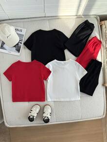 Playful Pals Conjunto de 3 piezas para niños jóvenes, camiseta de manga corta con estampado del número 67 y pantalones cortos, atuendo deportivo, verano, día de la carrera, actividades casuales de vuelta a la escuela - Multicolor - Ver 1