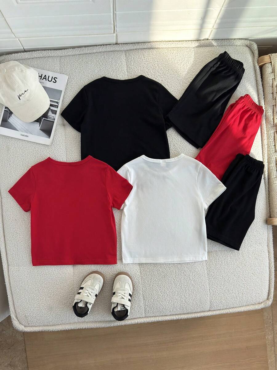 Playful Pals Conjunto de 3 piezas para niños jóvenes, camiseta de manga corta con estampado del número 67 y pantalones cortos, atuendo deportivo, verano, día de la carrera, actividades casuales de vuelta a la escuela - Multicolor - Ver 1