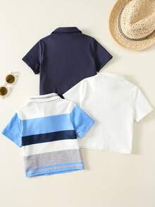 SHEIN 3件套男婴春夏时尚可爱条纹格子图案短袖polo衫、衬衫、针织上衣套装 - 藍色 - 查看 2