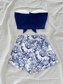 Soleia Women's Summer Casual Vacation Knotted Front Tube Top And Shell Print Shorts 2 Pieces Set Spring - Multicolor - View 2