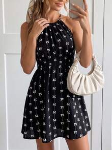 Easowa Damen lässiges Minikleid mit Schleife, Neckholder und ärmellos, Basic Outfit für den täglichen Sommertrag - Schwarz und Weiss - Übersicht 8