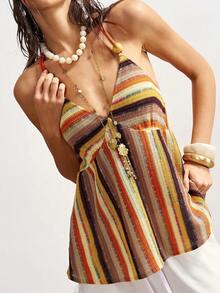 Bohemela Boho Summer Vacation  Valentine's Day    Carnival    Casual Knit Striped Camisole For Women - Orange - View 4