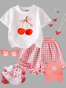 SHEIN Set de 2 piezas (Pequeño) Estilo coreano suelto y lindo para niñas - Top corto y conjunto de camiseta, verano - Rosa - Ver 1