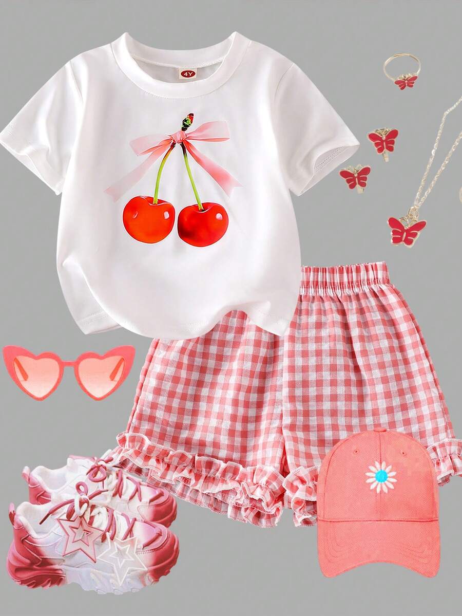 SHEIN Set de 2 piezas (Pequeño) Estilo coreano suelto y lindo para niñas - Top corto y conjunto de camiseta, verano - Rosa - Ver 1