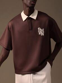 SUMWON 男士刺绣字母 Polo 衫 短袖休闲翻领纽扣门襟上衣 短款修身经典款式 夏季日常穿着 - 棕色 - 查看 3