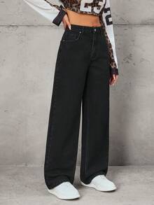 SHEIN Tall 女士时尚休闲直筒水洗牛仔裤 - 黑色 - 查看 5