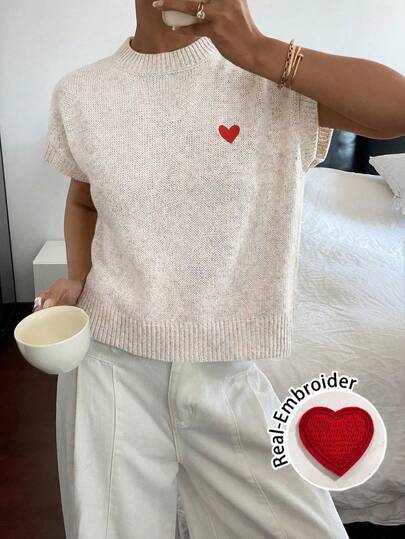 Siren Gaze Blusa de punto minimalista con bordado de corazón para mujer, primavera, verano, Día de San Valentín, cumpleaños de mujer, blusa para salir