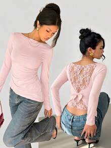 Siren Gaze Áo nữ tay dài dáng ôm, phối ren, thắt nơ sau lưng. - Màu Hồng baby - Xem 9