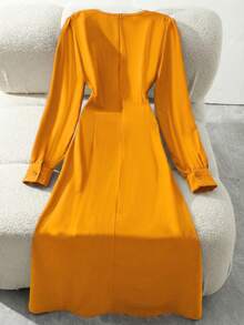 SHEIN LUNE Neues burgunderrotes plissiertes Kleid mit geraffter Taille, elegant für Frauen - Gelb - Übersicht 2
