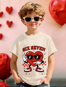 Young Boys' Casual Fashionable Creative Personalized Refreshing Simple Cute Digit 67 Cartoon Character Plaid Pentagram Star Graphic Letter Slogan Print Comfortable Basic Short Sleeve T-Shirt, Suitable For Spring, Summer, Autumn, Valentine's Day Cartoon Shirts For Kids Boy T Shirts Ice Cream Shirt Boys - Beige - View 4
