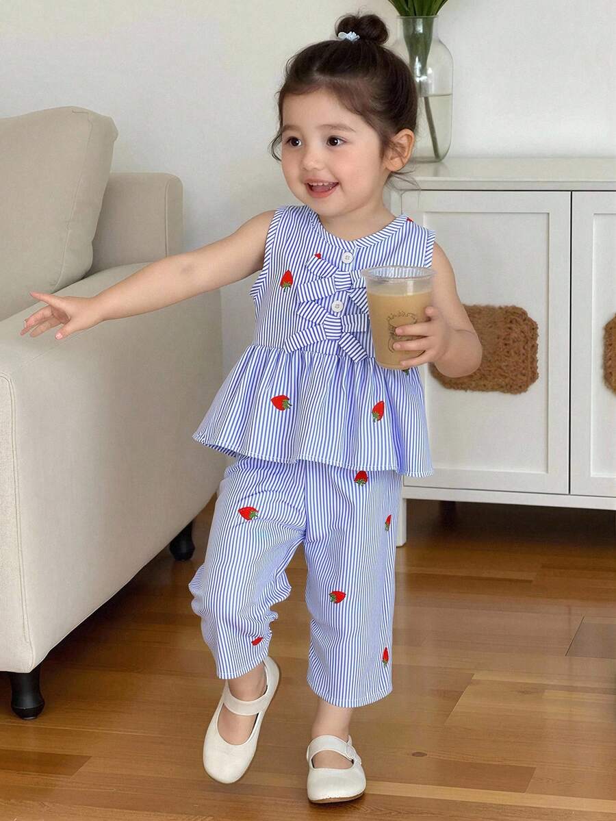 2pcs Baby Girls' Blue & White Striped Sleeveless Top With Embroidered Strawberry And Straight Leg Pants Set, Summer Children Countryside Cute Vacation Outfit - Blue - View 1