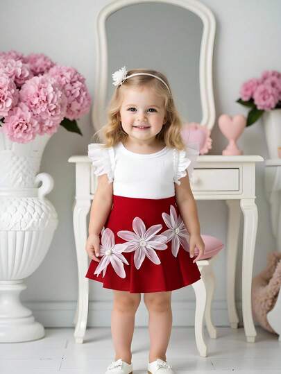Toddler Girls' Ivory Knit Round Neck Ruffle Trim Flutter Sleeve Top And Red Pleated Skirt With 3D Flower Button Decor, Cute Summer 2-Piece Outfit