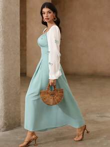 Rafferiza Đầm maxi nữ cổ vuông tay dài phối nơ, thích hợp cho hẹn hò, đi làm, du lịch, mặc hàng ngày, phong cách thanh lịch thường ngày, màu xanh lá cây, mùa xuân, dã ngoại. - Màu xanh Bạc hà - Xem 4