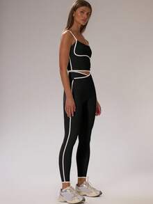 Musera Sport Sport Contrast Piping Fitted Crop Top And Crossover High Waist Leggings Co-Ord Set Cinched Stretch Padel Autumn Fall  Activewear Sport Gym Workout Lounge Ski Fitness Off Piste Yoga Pilates Daily Casual