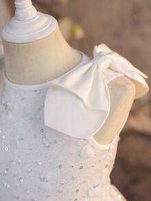 SHEIN Young Girl Elegant Floral Bow Tie Waist Sleeveless White Dress, Princess Dress, Casual Everyday Wear, Wedding Season Dress, Valentine's Day, Flower Girl Dress - White - View 7