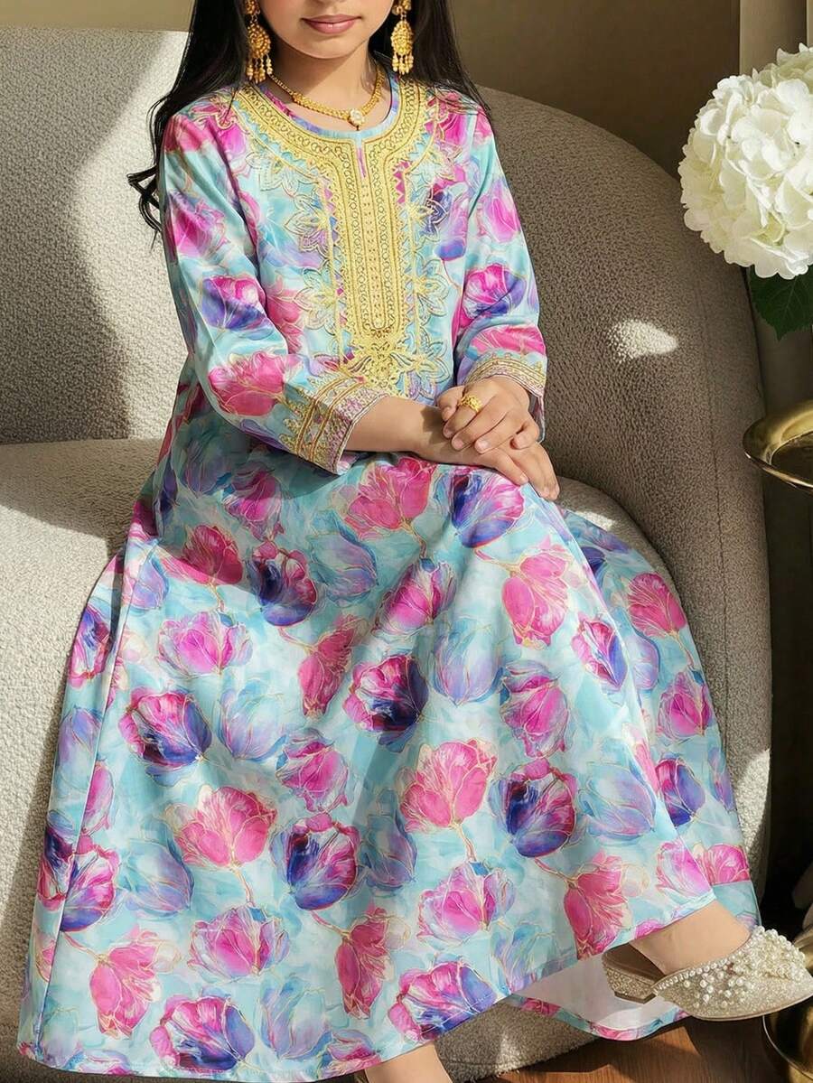 SHEIN Đầm dài tay cổ chữ V kiểu Ả Rập cho bé gái, phối ruy băng vàng và họa tiết hoa xanh. - Màu xanh lam - Xem 1