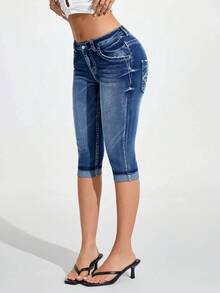 Jeanoix 女士休闲水洗修身刺绣口袋牛仔裤 - 藍色 - 查看 4