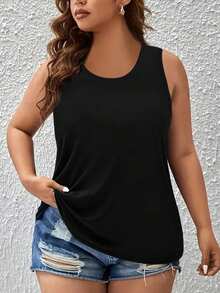 EMERY ROSE Plus Size Summer Casual Simple Solid Color Black Tank Top - Black - View 1