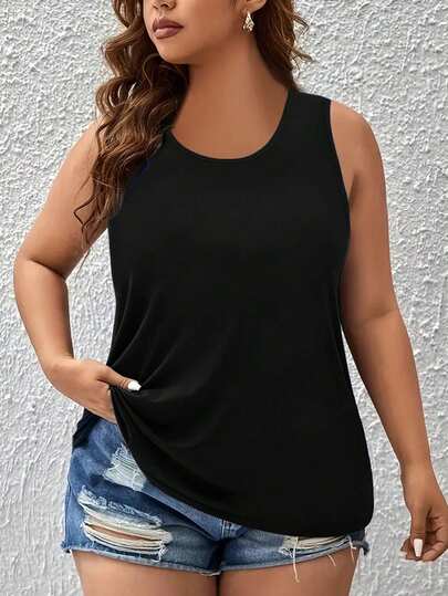 EMERY ROSE Plus Size Summer Casual Simple Solid Color Black Tank Top