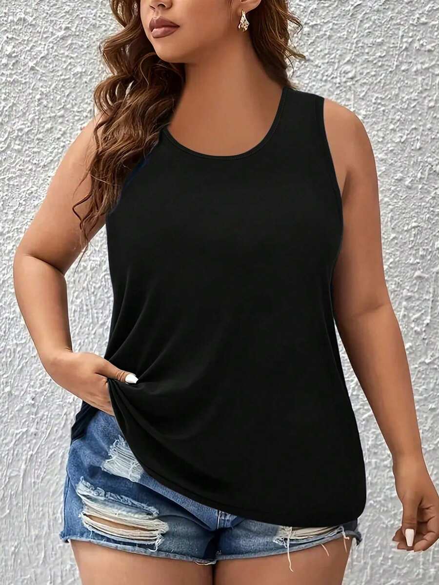 EMERY ROSE Plus Size Summer Casual Simple Solid Color Black Tank Top - Black - View 1