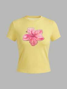 2026 Women's Crew Neck Floral Print Fitted T-Shirt - Yellow - View 6