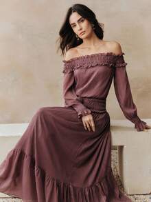 Anewsta Women's Elegant Off-Shoulder Metallic Pleated Minimalist Dress, Suitable For Dates, Spring/Summer - Dusty Purple - View 6