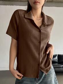 DAZY Áo thun nữ tay ngắn màu trơn, kiểu dáng thường ngày, cài cúc phía trước, thích hợp cho mùa hè. - Rỉ Nâu - Xem 3