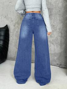 SHEIN PETITE Women's Thick Denim Wide Leg Pants With Oblique Placket, Blue - Light Wash - View 2