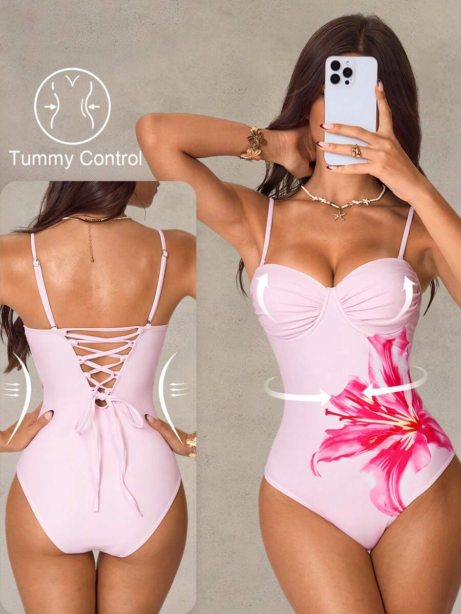 Shapewave Women's Summer Beach Floral Print Spaghetti Strap Ruched Front High Elasticity Shapewear Criss-Cross Back Casual Vacation One Piece Swimsuit - Pink - View 1