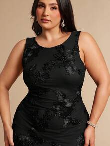 SHEIN BAE 大码女士优雅碎花图案无袖露背开衩连衣裙，夏季 - 黑色 - 查看 4