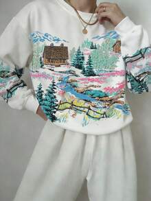 女士休闲印花圆领落肩卫衣，秋季 - 彩色 - 查看 3