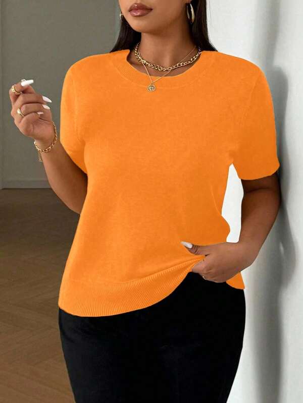 SHEIN LUNE Plus Size Women Knit Short Sleeve Crew Neck Loose Fit Sweater Solid Color Tops Round Neck Top Short Sleeve Women Tops Orange Top Women Plain Tshirts Women