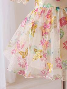 SHEIN 女婴方领花卉网纱方领泡泡袖休闲连衣裙 - 彩色 - 查看 8