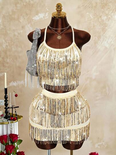 Mistrie 新款女士亮片流苏装饰交叉露背上衣，适合新年服装、音乐节派对等场合穿着