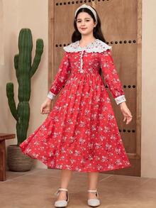 SHEIN 少女撞色荷叶边领碎花拼接连衣裙，春夏度假连衣裙 - 紅色 - 查看 5