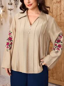Modelyn Plus Size Women Floral Embroidery Long Sleeve Casual Shirt Modest Blouse - Khaki - View 2