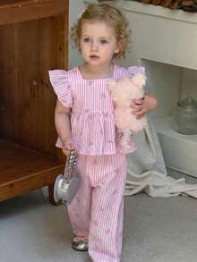 SHEIN 2pcs Baby Girls' Spring/Summer Casual Striped Flare Sleeve Bow Tie Chiffon Blouse And Pants Set