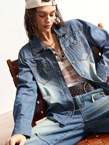 Bohemela 波西米亚风水钻装饰牛仔外套，女士高端休闲衬衫 - 藍色 - 查看 7