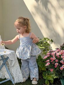 LMoss Kids 女婴夏季休闲乡村度假条纹花卉刺绣荷叶边吊带背心和裤子套装 - 藍白色 - 查看 5