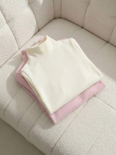 SHEIN 2件套女婴秋冬服装，返校季，适合6个月至3岁宝宝，杏色和粉色休闲简约弹力高领长袖上衣，舒适柔软，适合春、秋、冬季外出和居家穿着，可作为礼物。